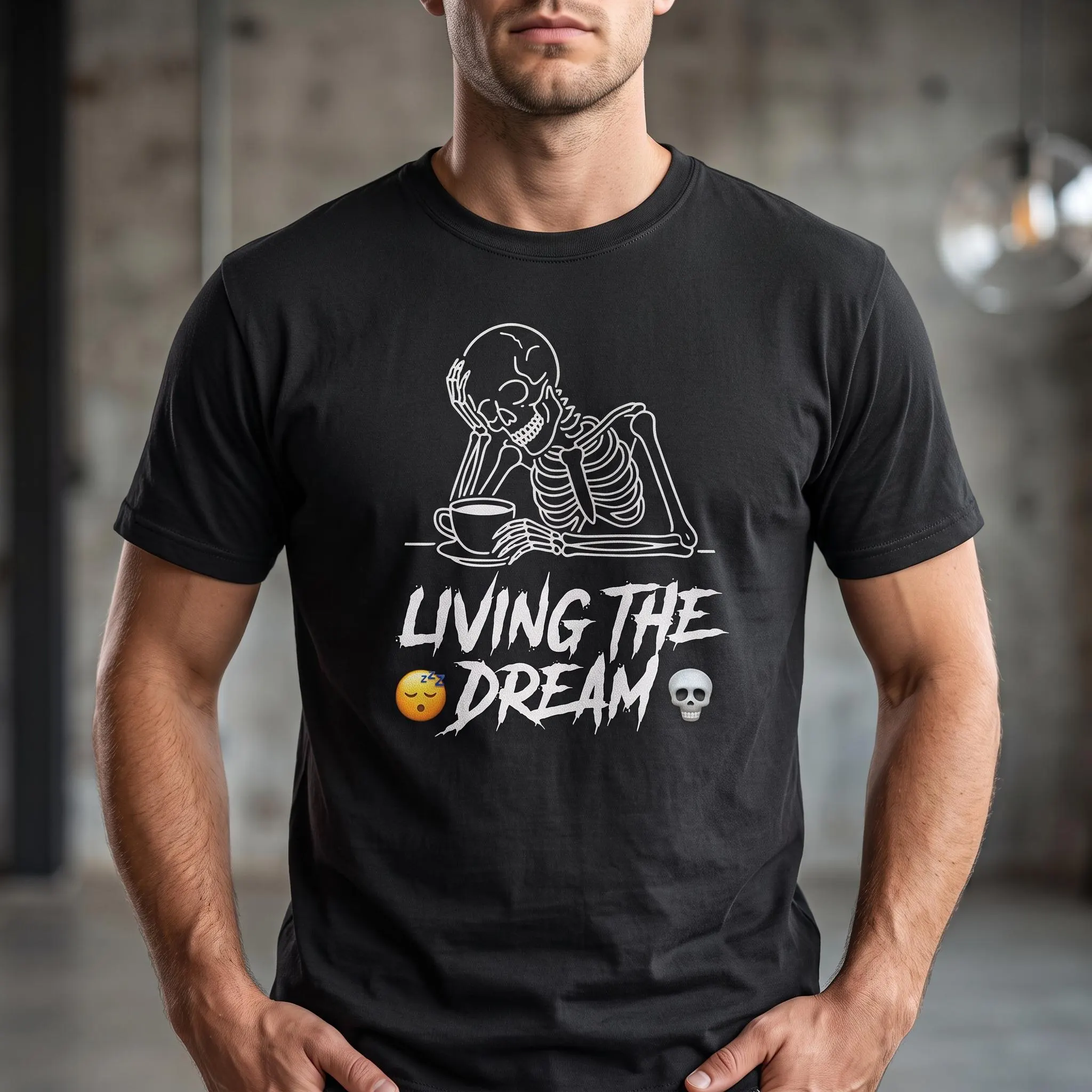Living the Dream Skeleton T-Shirt, Funny Coffee Lover Shirt, Tired Skeleton Tee, Sarcastic Graphic Shirt, Gift for Coworker, Retro Aesthetic